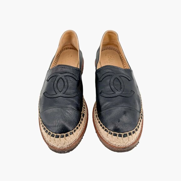 Chanel Black Leather CC Logo Espadrille Flats Size 39 US 8.5 Platform Shoes - Picture 2 of 14
